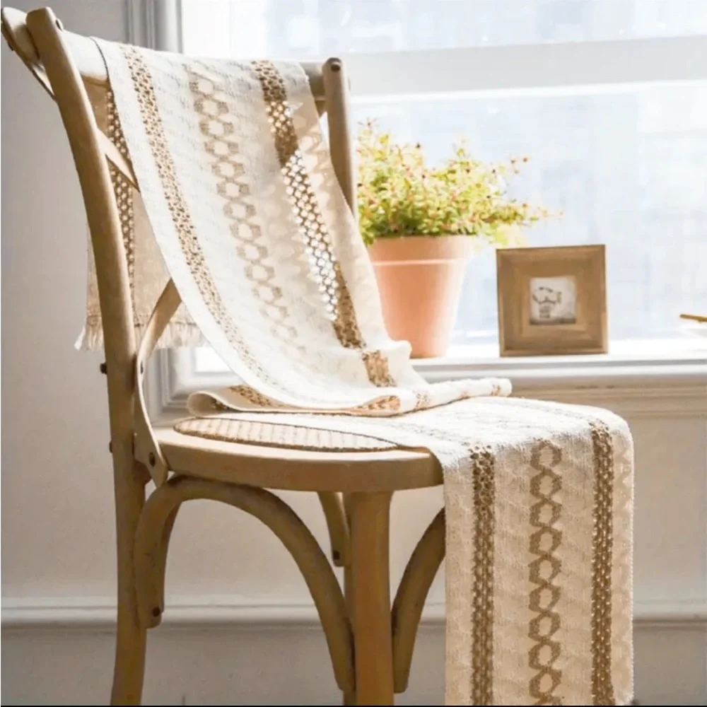 Boho Woven Table Runner | Neutral Beige & Cream| Farmhouse Decor